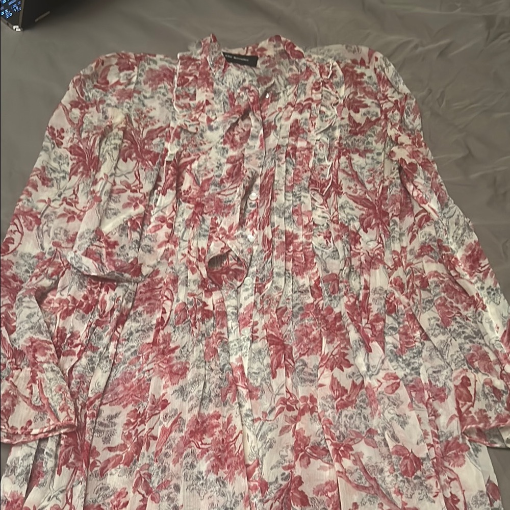 The Kooples Red and Gray Floral Long Sleeve Dress